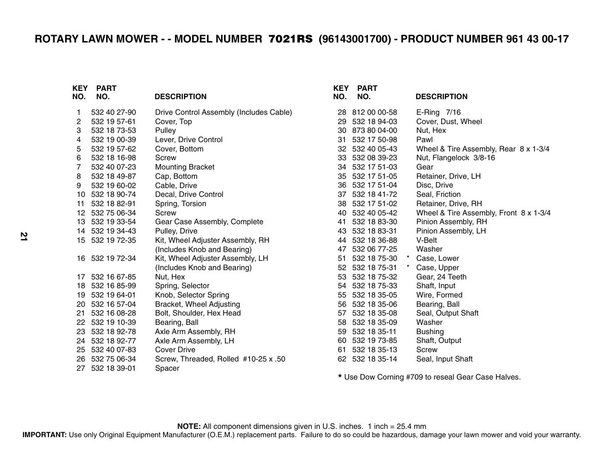 Parts list | Husqvarna 7021RS User Manual | Page 21 / 22