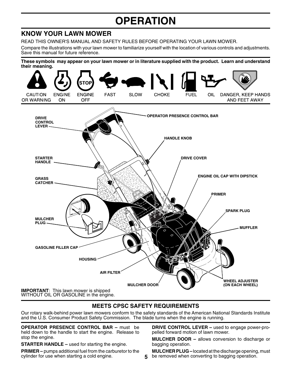 Operation, Know your lawn mower, Meets cpsc safety requirements | Husqvarna 7021RS User Manual | Page 5 / 22