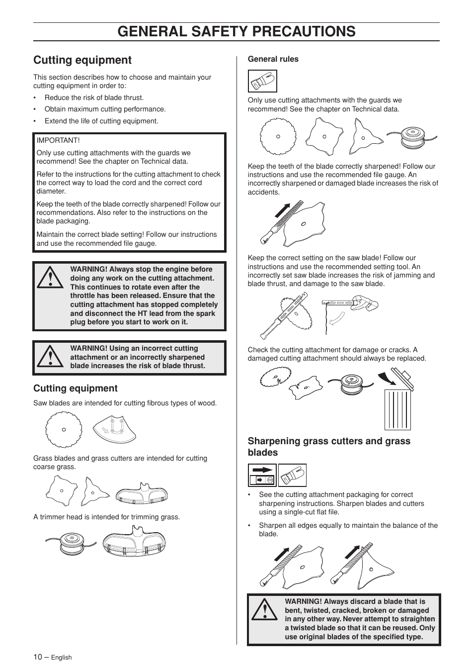 Cutting equipment, Sharpening grass cutters and grass blades, General safety precautions | Husqvarna 335R User Manual | Page 10 / 40