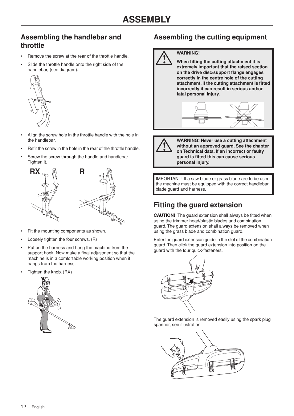 Assembling the handlebar and throttle, Assembling the cutting equipment, Fitting the guard extension | Assembly, Rx r | Husqvarna 335R User Manual | Page 12 / 40