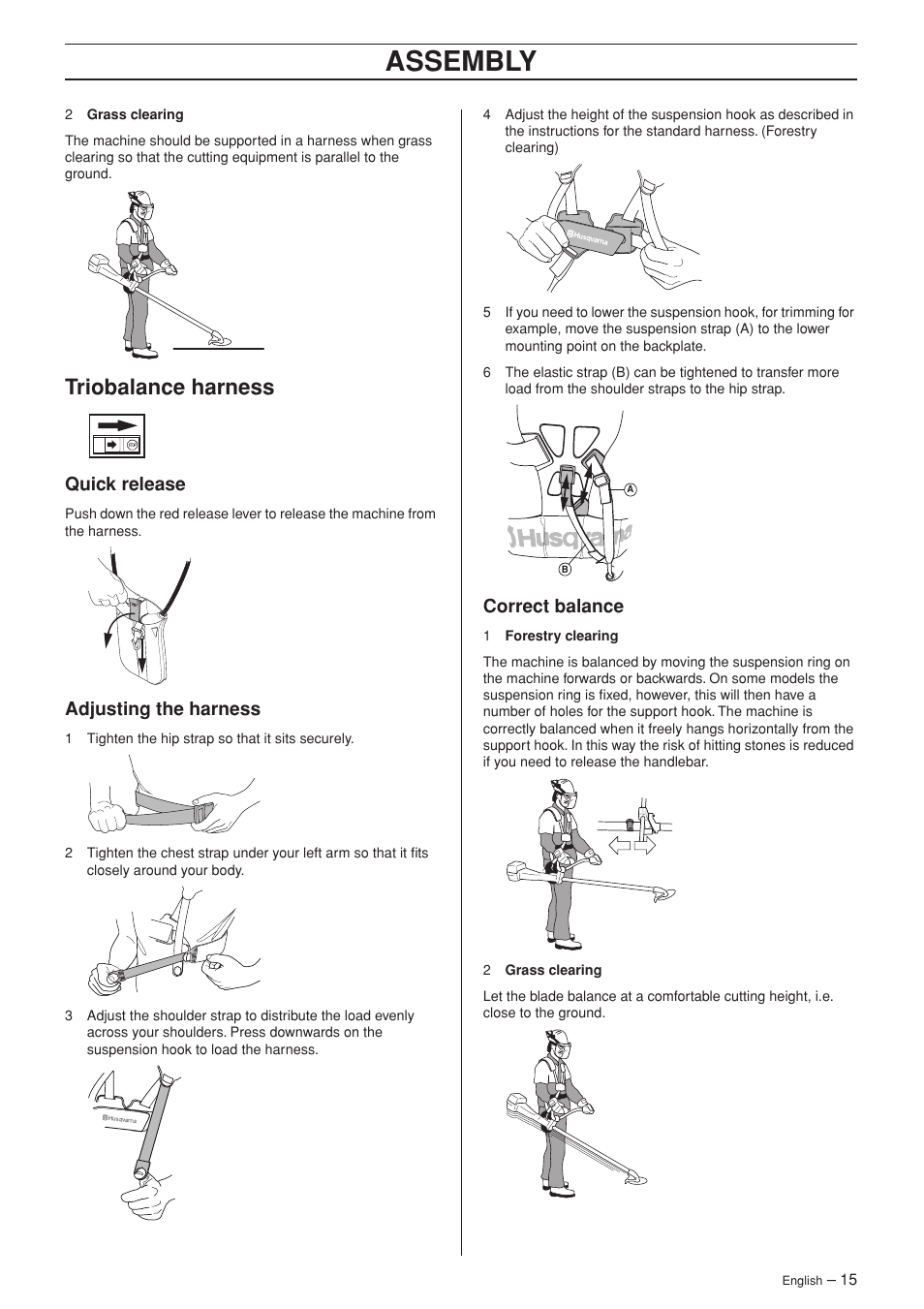 Triobalance harness, Quick release, Adjusting the harness | Correct balance, Assembly | Husqvarna 335R User Manual | Page 15 / 40