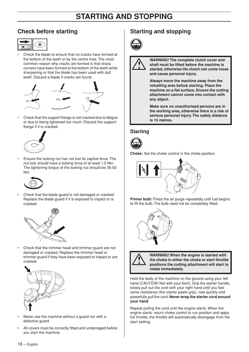 Check before starting, Starting and stopping, Starting | Husqvarna 335R User Manual | Page 18 / 40