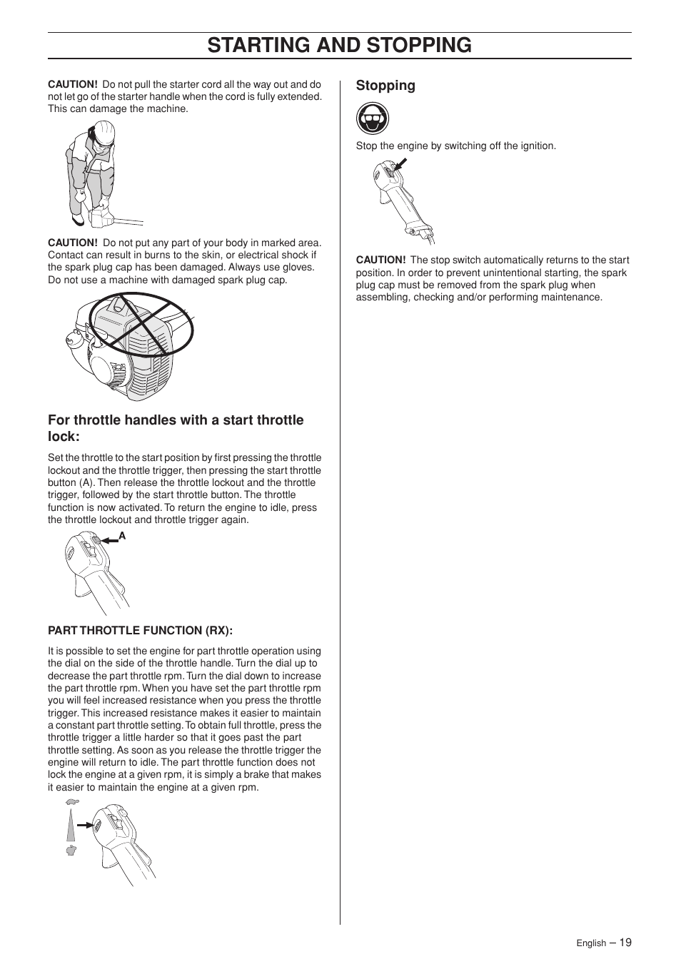 For throttle handles with a start throttle lock, Stopping, Starting and stopping | Husqvarna 335R User Manual | Page 19 / 40
