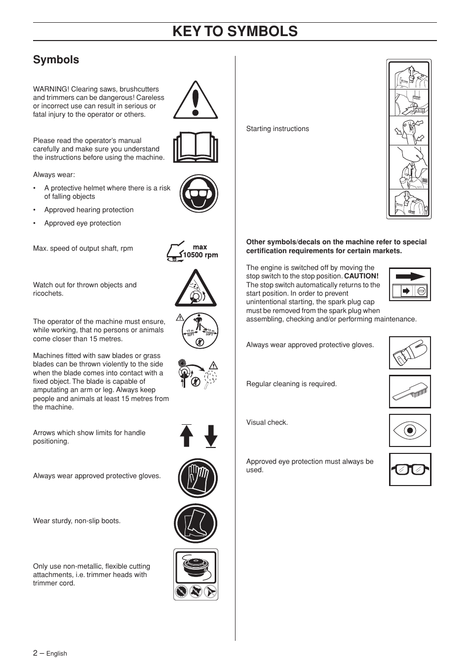 Symbols, Key t o symbols | Husqvarna 335R User Manual | Page 2 / 40