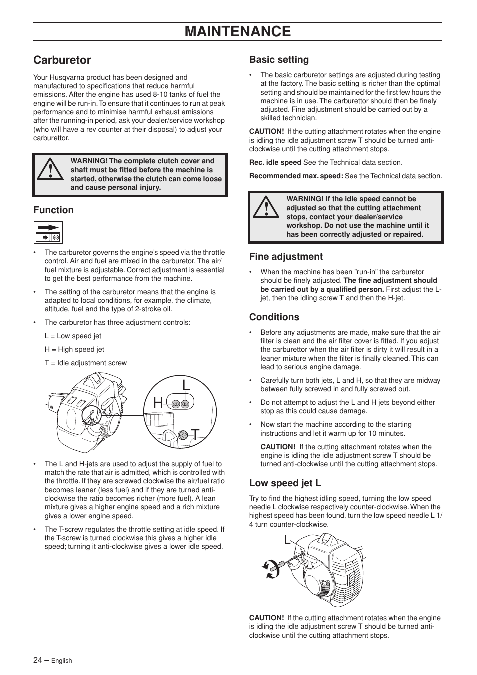 Carburetor, Function, Basic setting | Fine adjustment, Conditions, Low speed jet l, Hl t, Maintenance | Husqvarna 335R User Manual | Page 24 / 40