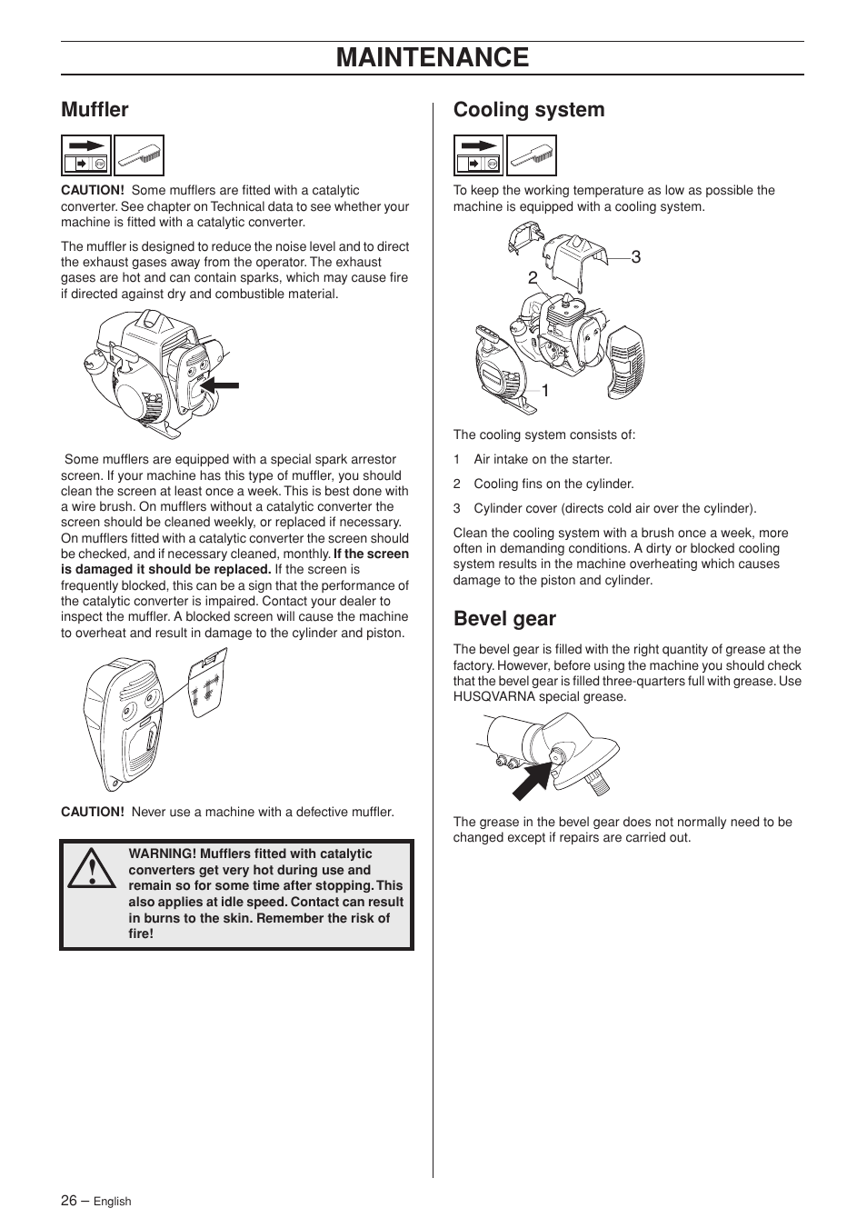 Muffler, Cooling system, Bevel gear | Maintenance | Husqvarna 335R User Manual | Page 26 / 40