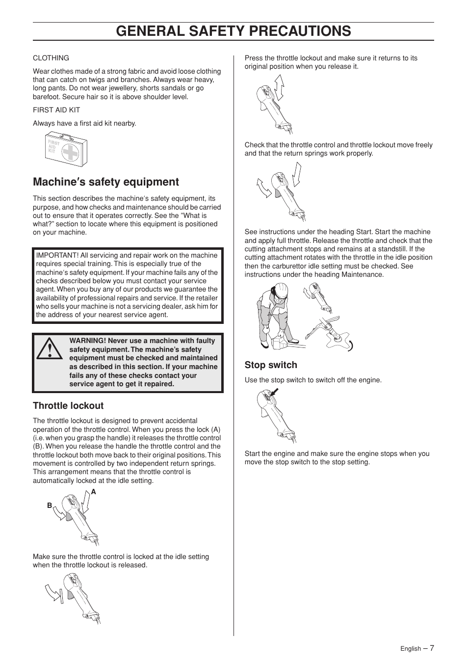 Machine¢s safety equipment, Throttle lockout, Stop switch | General safety preca utions, Mac hine ′′′′ s safety equipment | Husqvarna 335R User Manual | Page 7 / 40