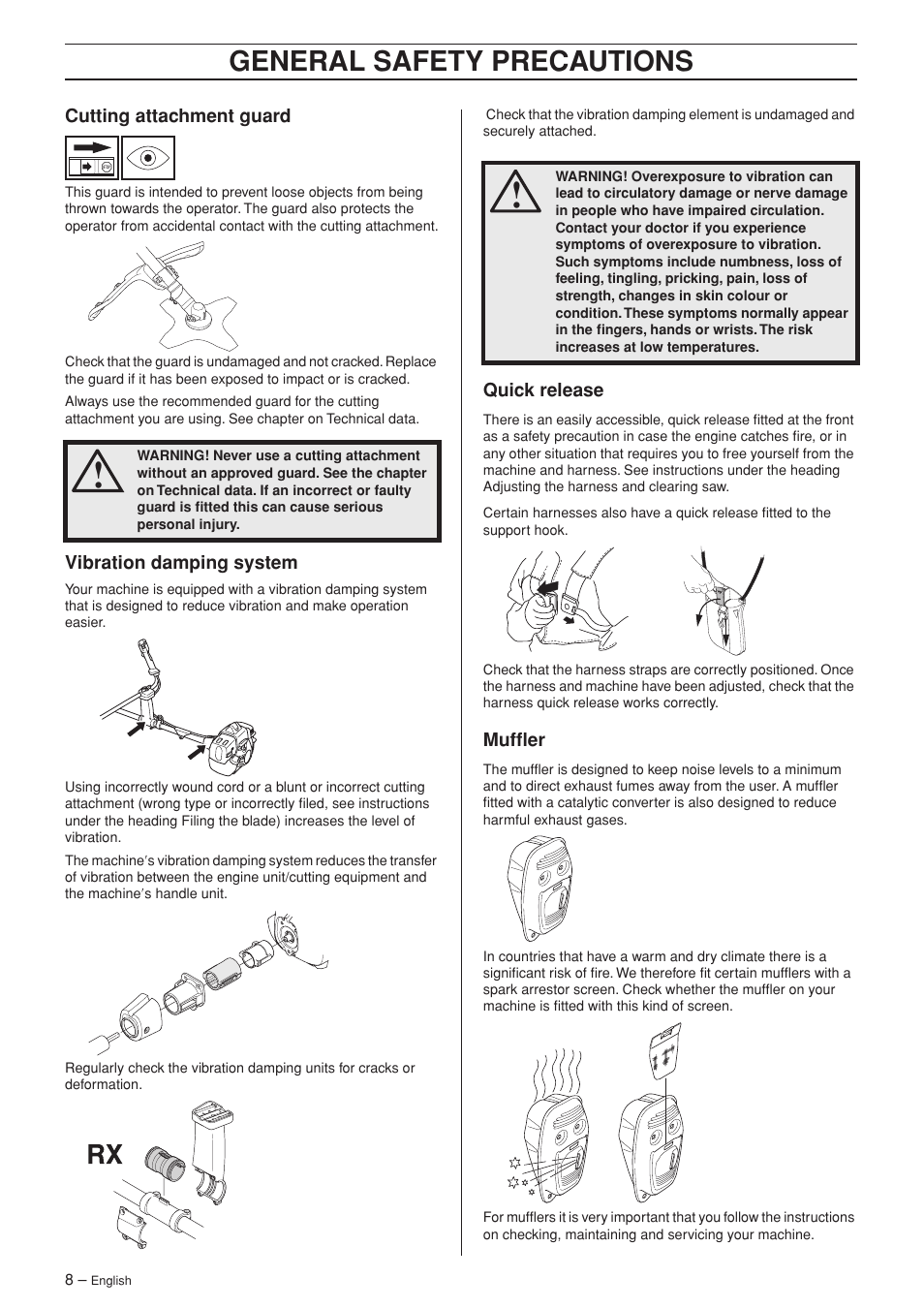 Cutting attachment guard, Vibration damping system, Quick release | Muffler, General safety precautions | Husqvarna 335R User Manual | Page 8 / 40