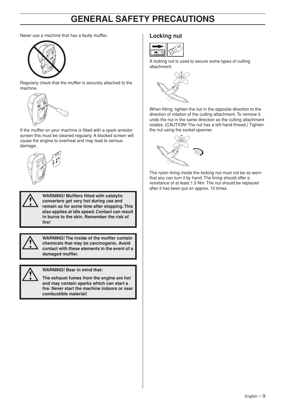 Locking nut, General safety precautions | Husqvarna 335R User Manual | Page 9 / 40