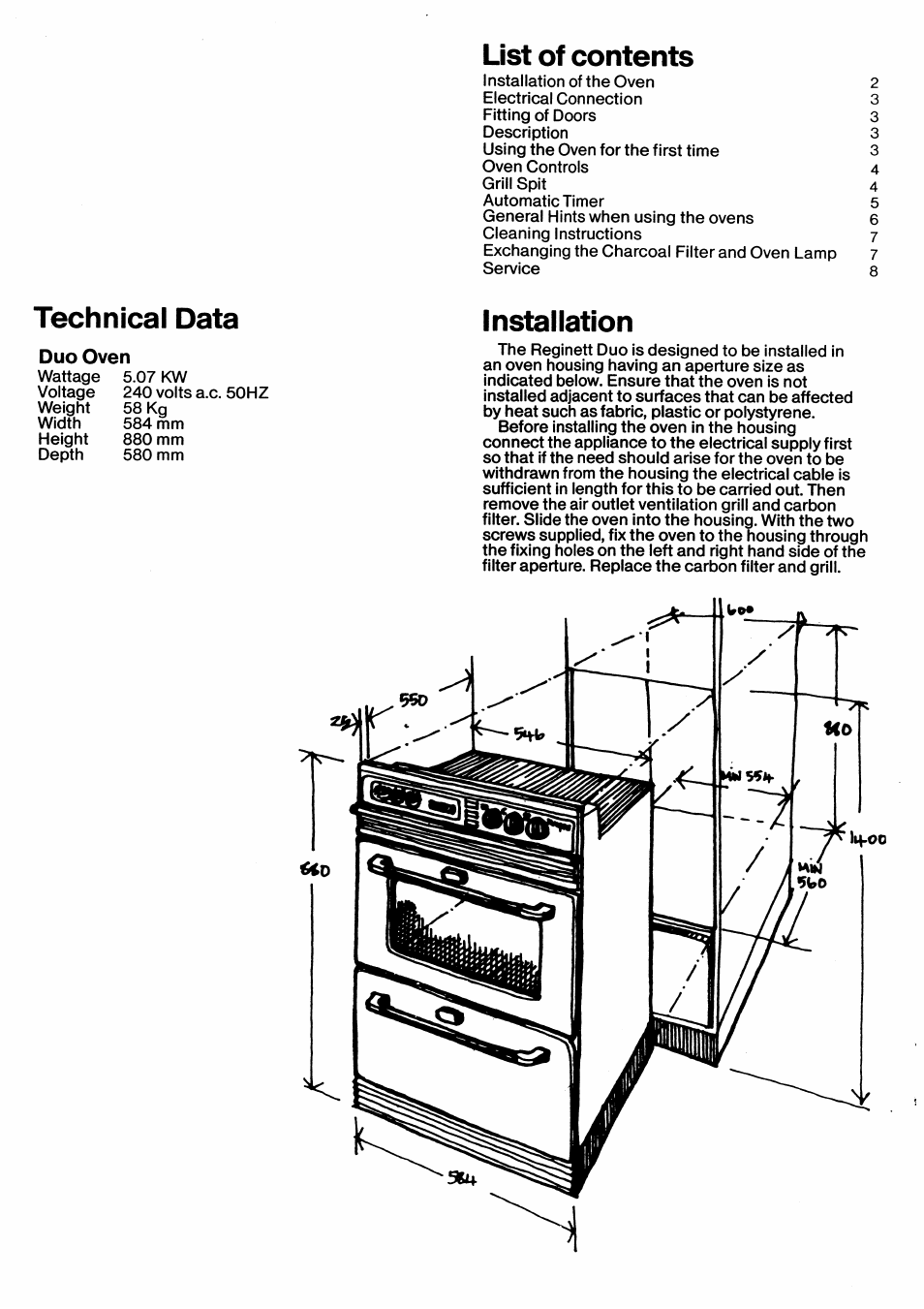 List of contents, Technical data, Installation | Husqvarna U03380 Built-in Oven User Manual | Page 2 / 8