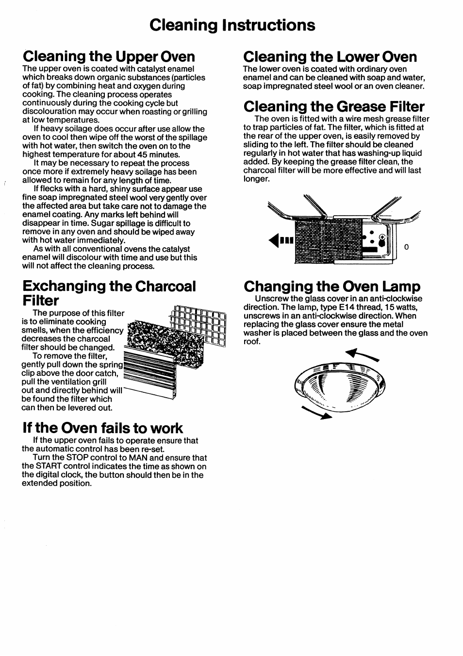 Cleaning instructions, Cleaning the upper oven, Exchanging the charcoal filter | If the oven fails to work, Cleaning the lower oven, Cleaning the grease filter, Changing the oven lamp | Husqvarna U03380 Built-in Oven User Manual | Page 7 / 8