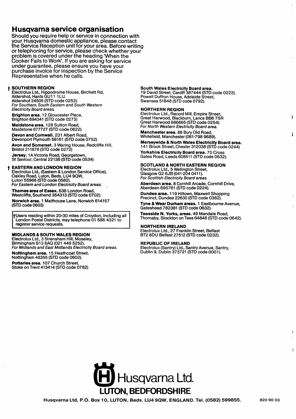 Luton, bedfordshire, Iffl husqvarna ltd, Husqvarna service organisation | Husqvarna U03380 Built-in Oven User Manual | Page 8 / 8