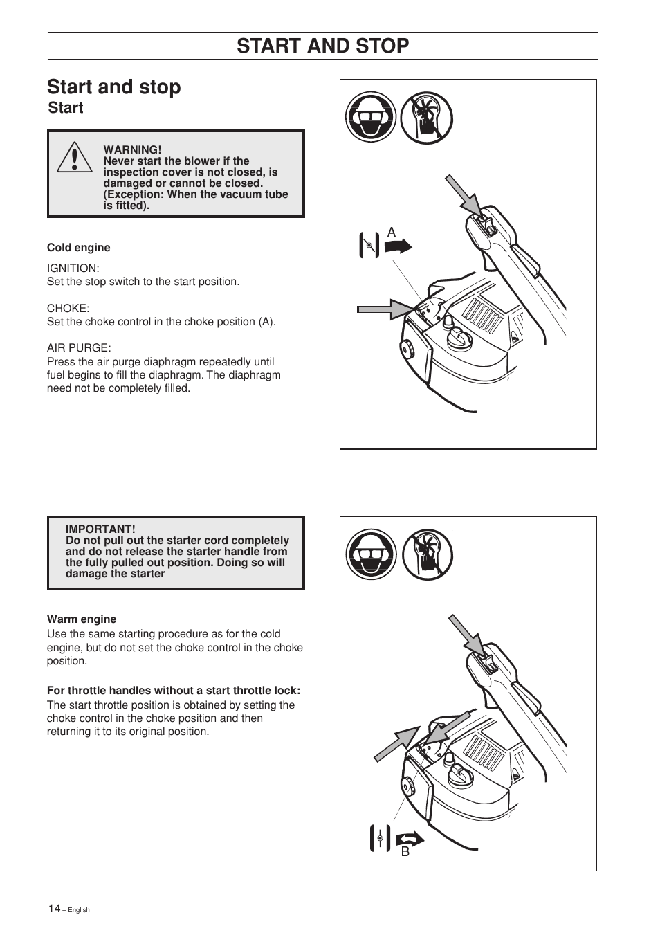 Start and stop | Husqvarna 225B User Manual | Page 14 / 28