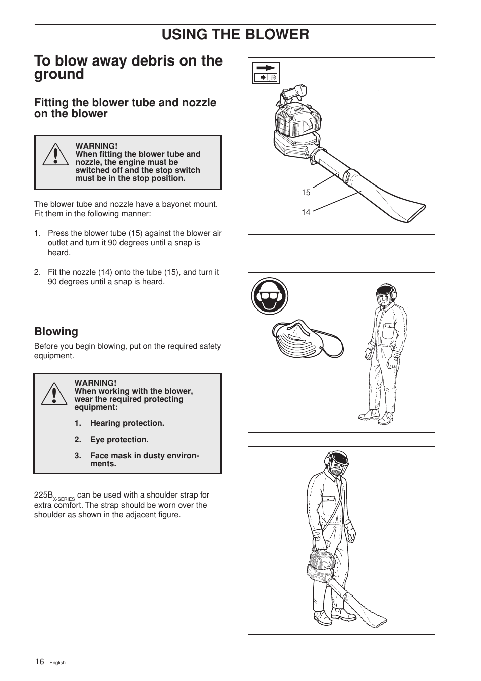 Using the blower | Husqvarna 225B User Manual | Page 16 / 28