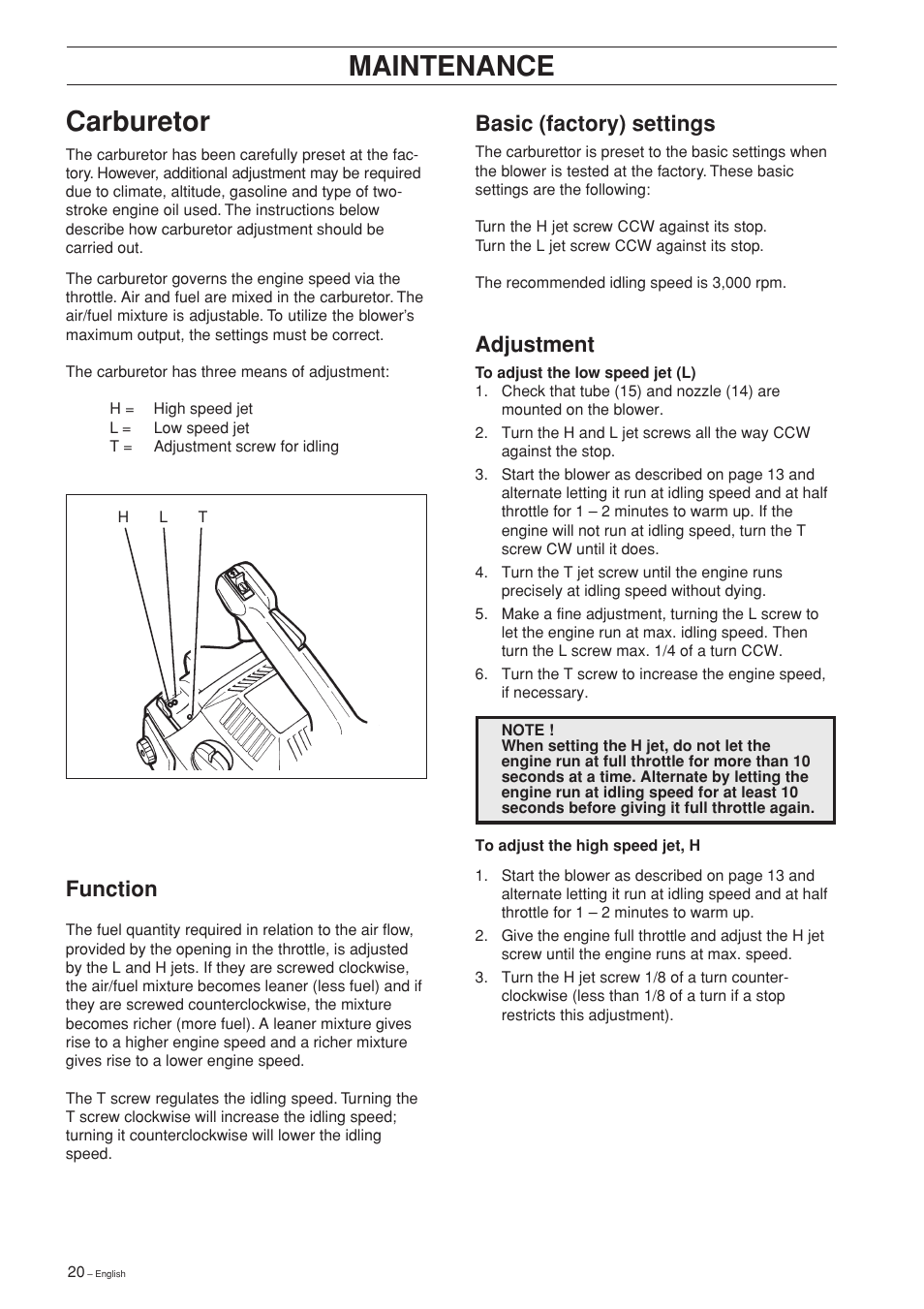 Maintenance, Carburetor, Function | Basic (factory) settings, Adjustment | Husqvarna 225B User Manual | Page 20 / 28