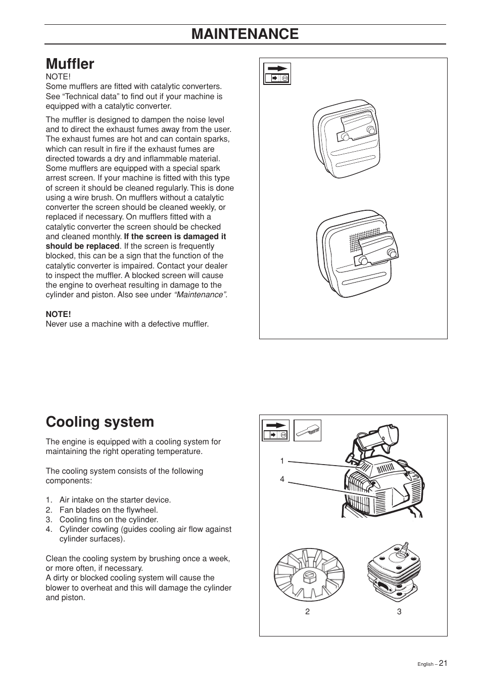 Maintenance, Muffler, Cooling system | Husqvarna 225B User Manual | Page 21 / 28