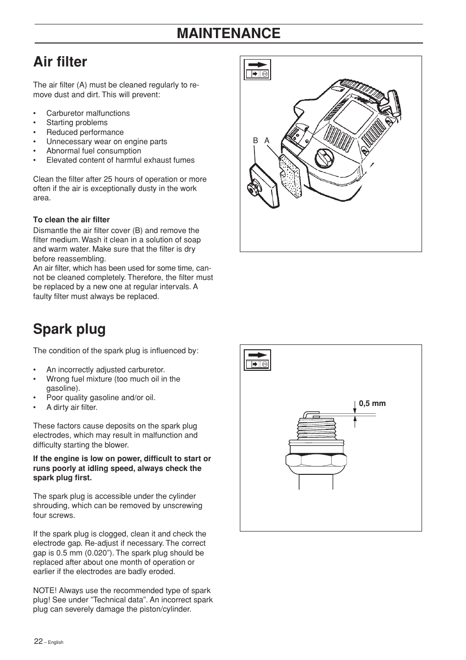 Maintenance air filter spark plug | Husqvarna 225B User Manual | Page 22 / 28