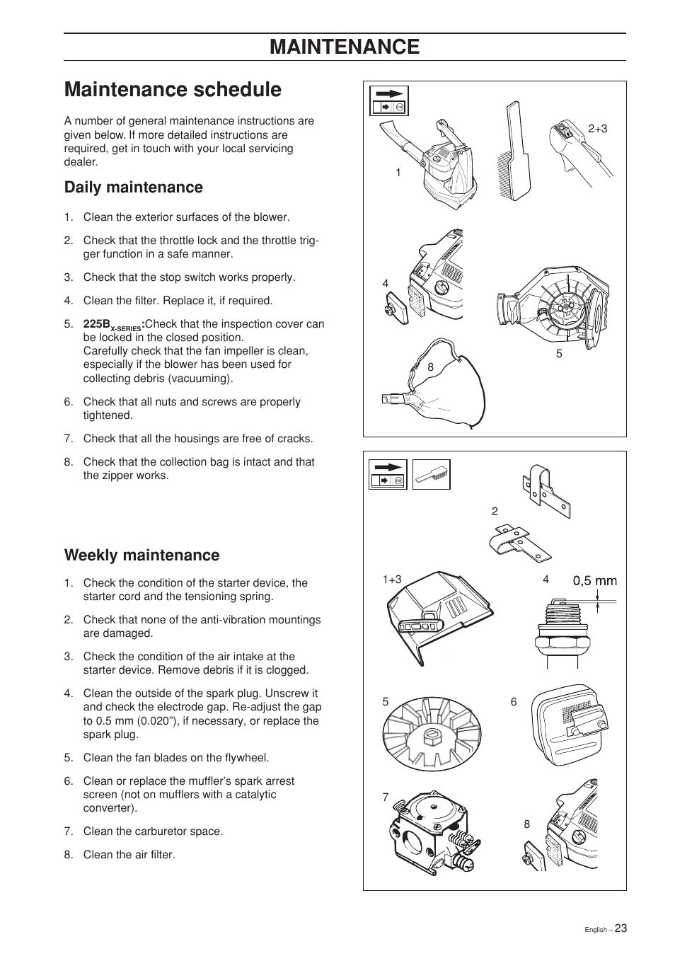 Maintenance maintenance schedule, Daily maintenance, Weekly maintenance | Husqvarna 225B User Manual | Page 23 / 28