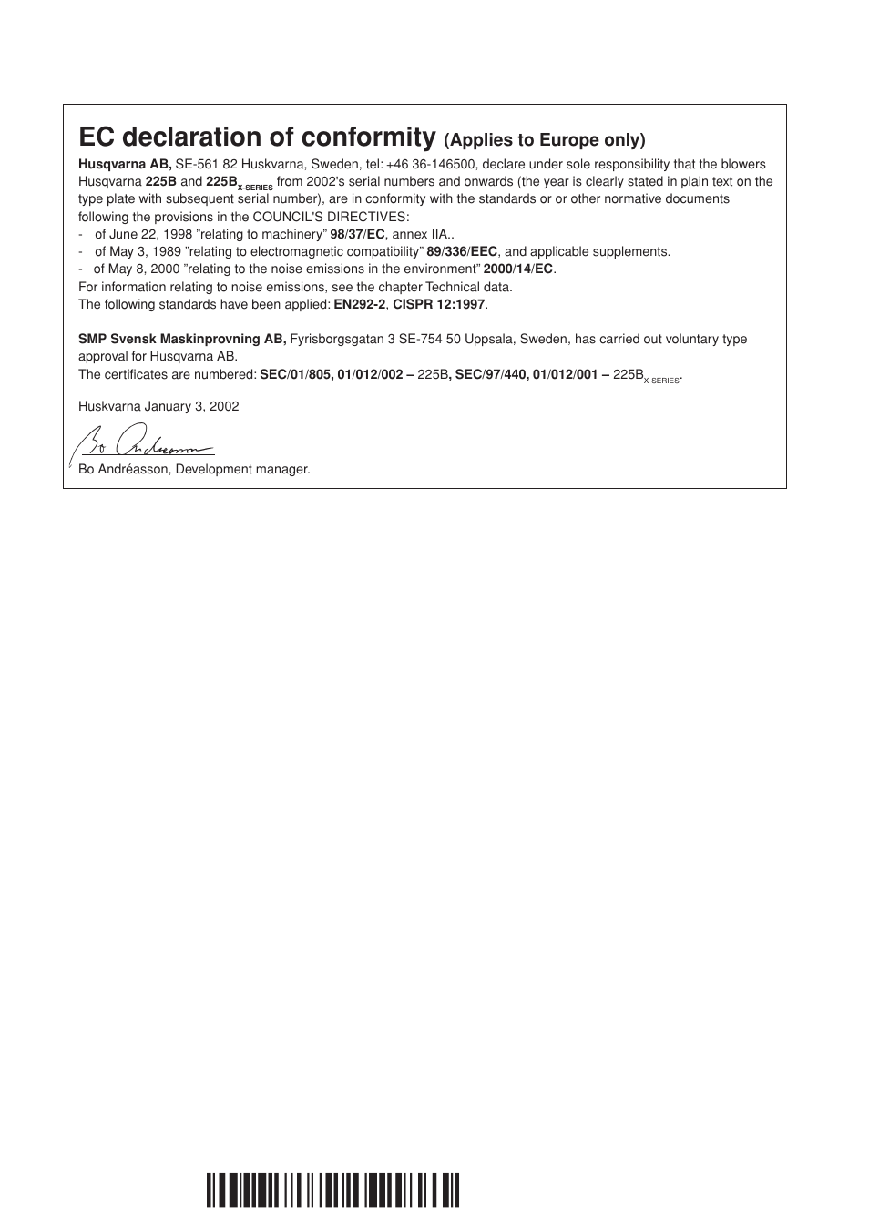 Ec declaration of conformity, Z+h0j¶6e | Husqvarna 225B User Manual | Page 26 / 28