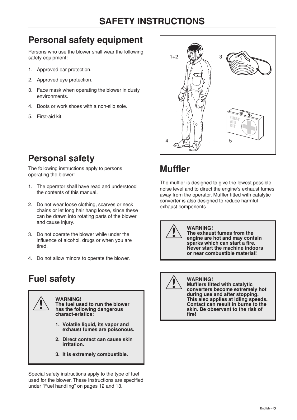 Safety instructions, Personal safety equipment, Safety instructions muffler | Fuel safety, Personal safety | Husqvarna 225B User Manual | Page 5 / 28