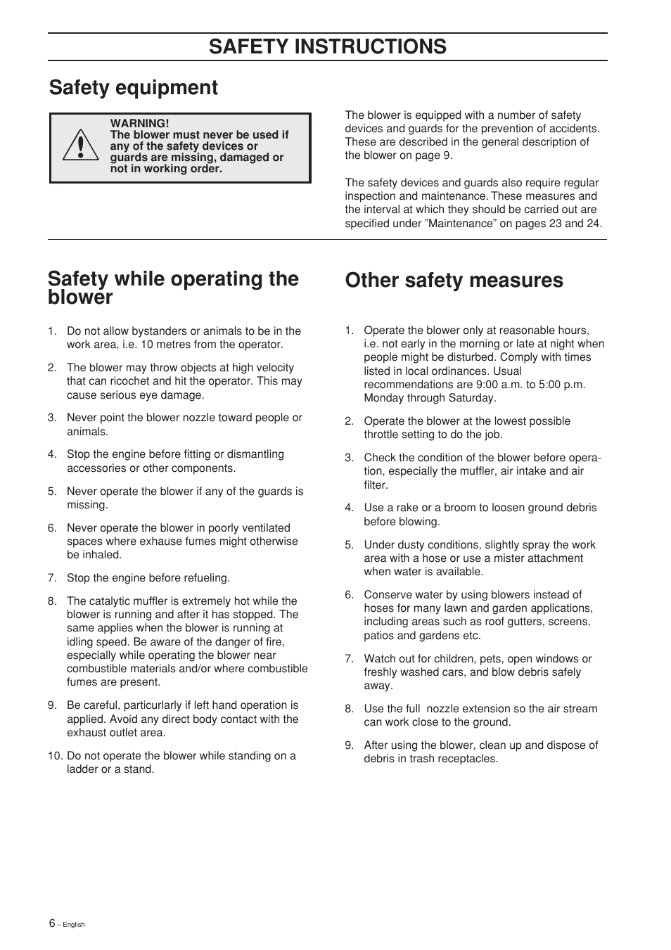 Safety instructions, Safety equipment | Husqvarna 225B User Manual | Page 6 / 28