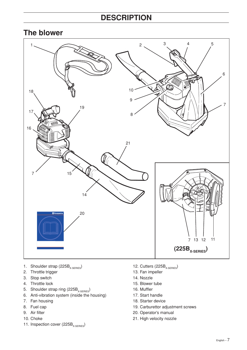 Description, Description the blower, 225b | Husqvarna 225B User Manual | Page 7 / 28