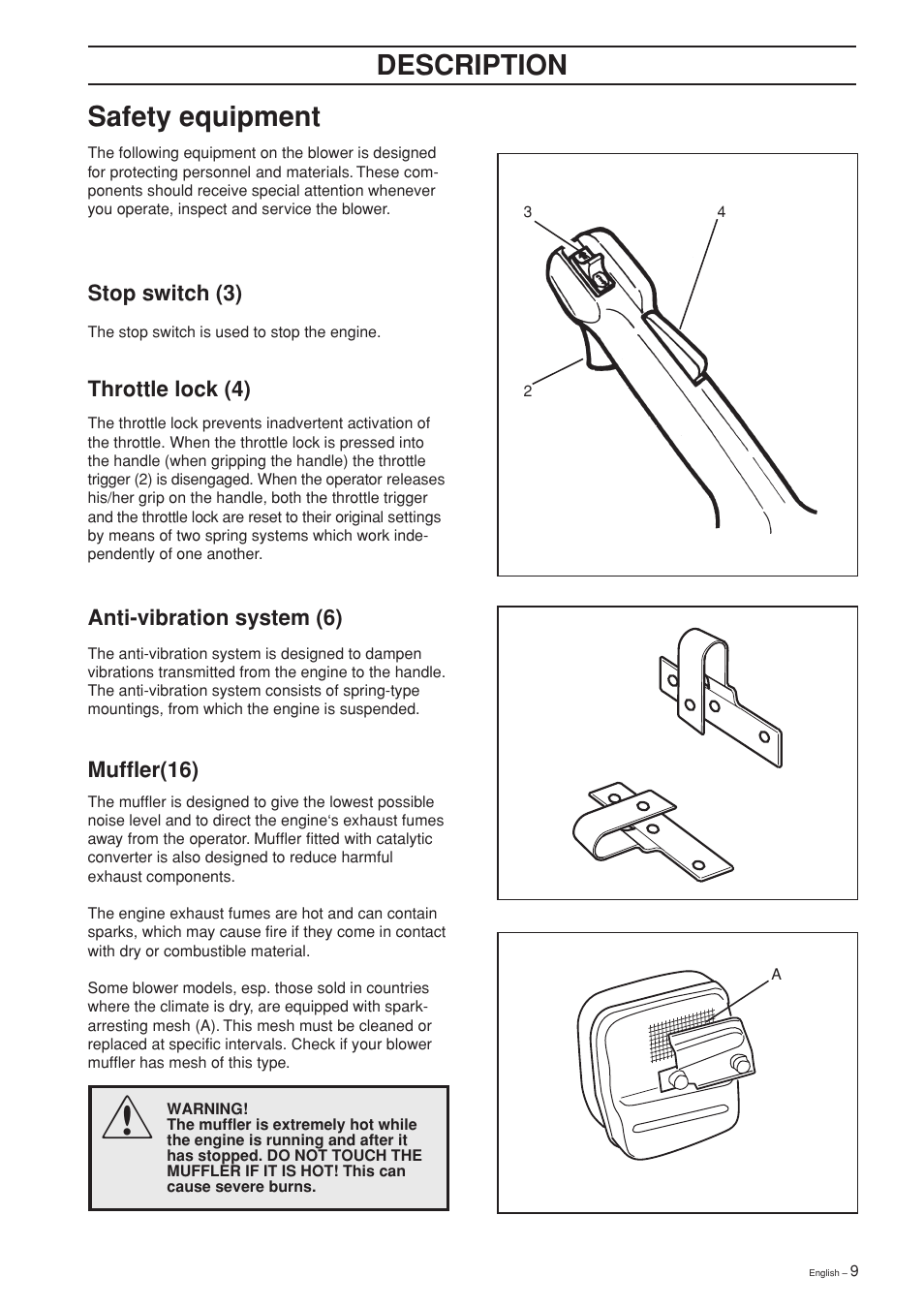 Description, Safety equipment | Husqvarna 225B User Manual | Page 9 / 28