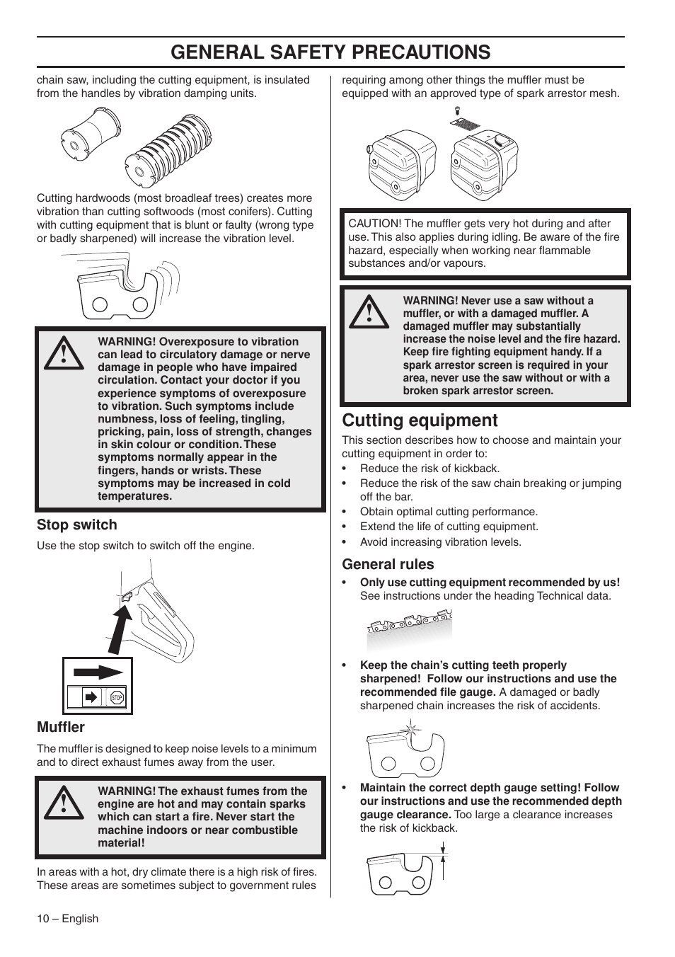 Stop switch, Muffler, Cutting equipment | General rules, General safety precautions | Husqvarna 1153176-26 User Manual | Page 10 / 44