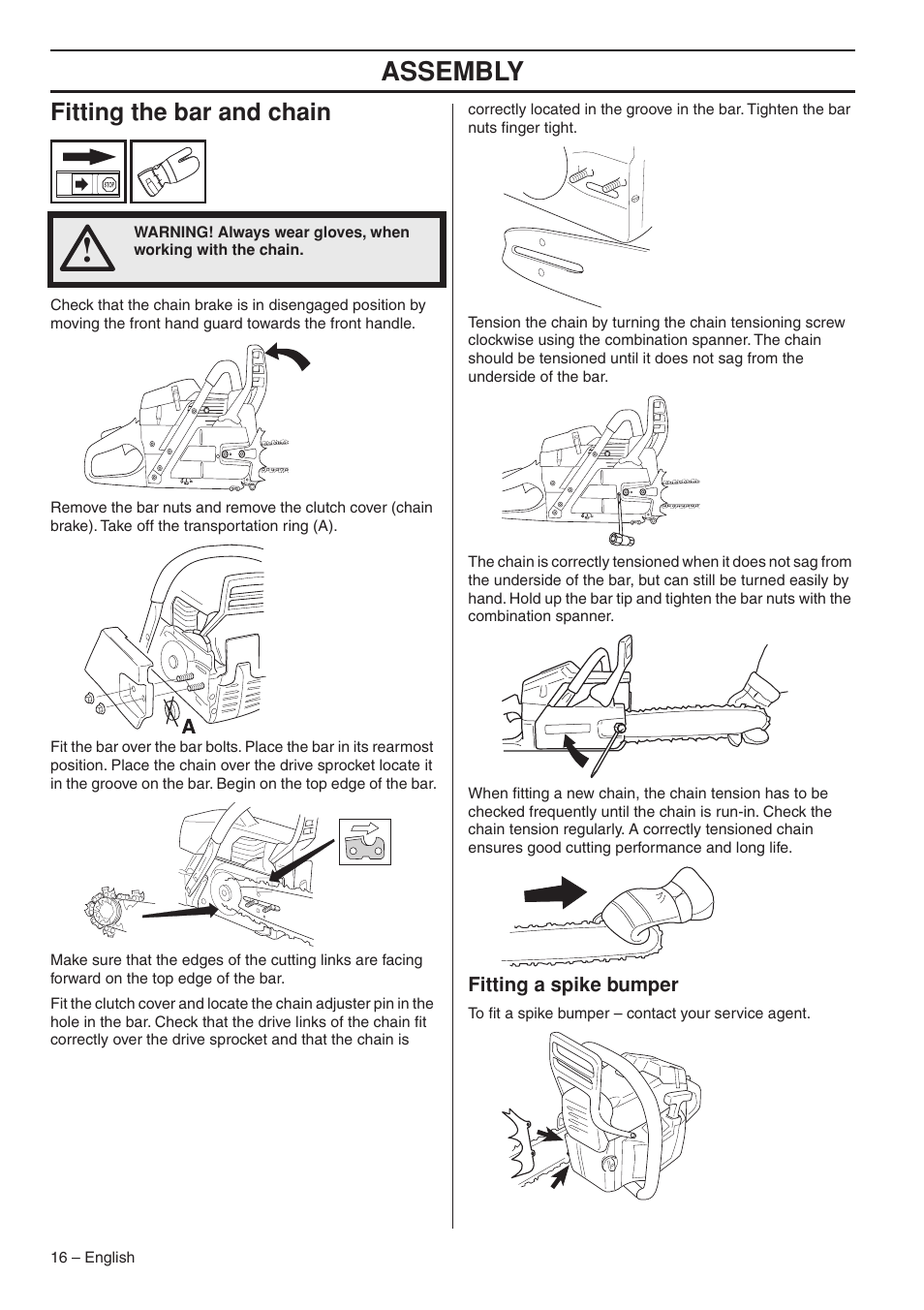 Fitting the bar and chain, Fitting a spike bumper, Assembly | Husqvarna 1153176-26 User Manual | Page 16 / 44