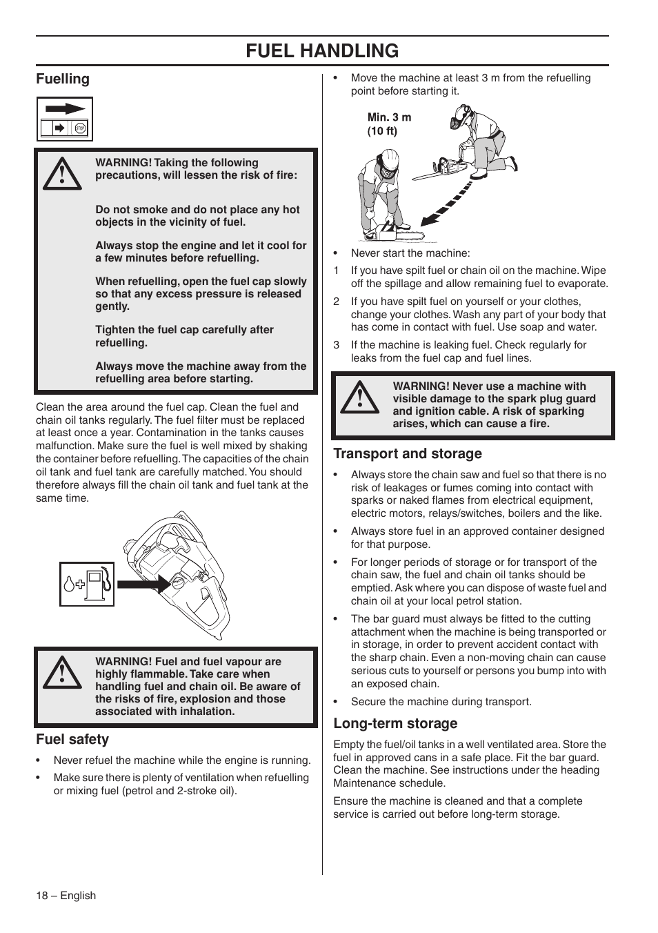 Fuelling, Fuel safety, Transport and storage | Long-term storage, Fuel handling | Husqvarna 1153176-26 User Manual | Page 18 / 44