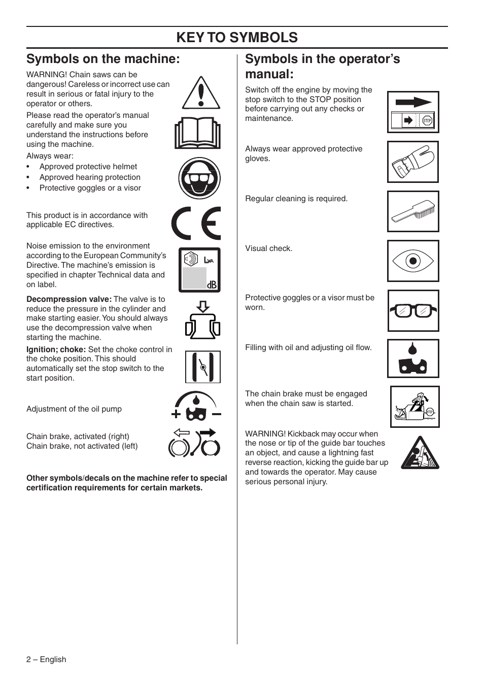 Symbols on the machine, Symbols in the operator’s manual, Key t o symbols | Symbols on the mac hine, Symbols in the operator’ s manual | Husqvarna 1153176-26 User Manual | Page 2 / 44