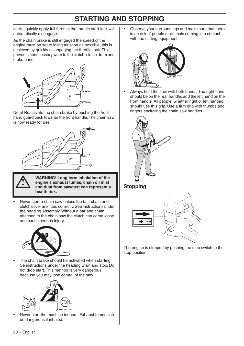 Stopping, Starting and stopping | Husqvarna 1153176-26 User Manual | Page 20 / 44