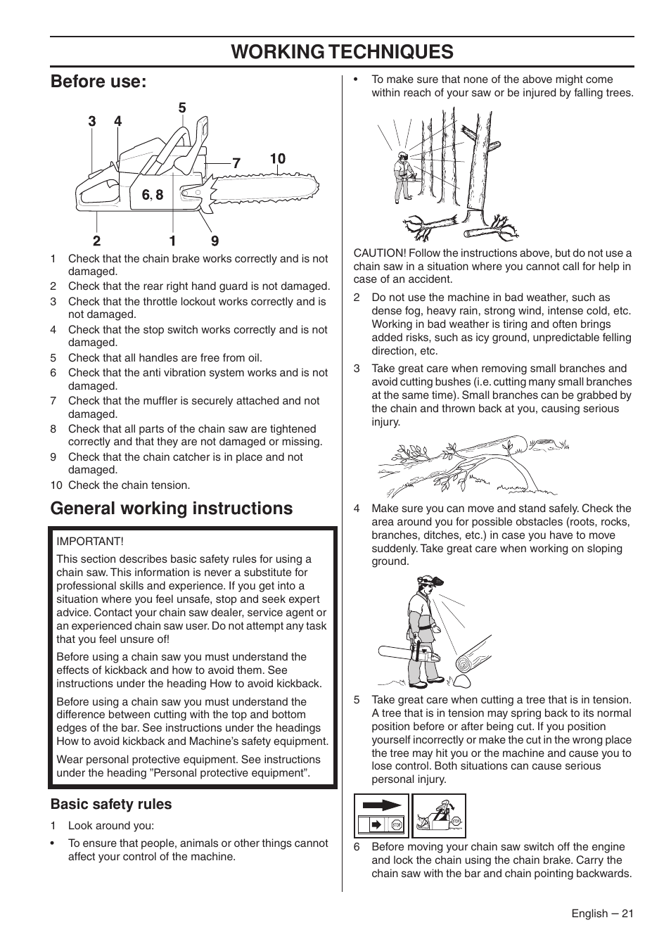 Before use, General working instructions, Basic safety rules | Working techniques | Husqvarna 1153176-26 User Manual | Page 21 / 44