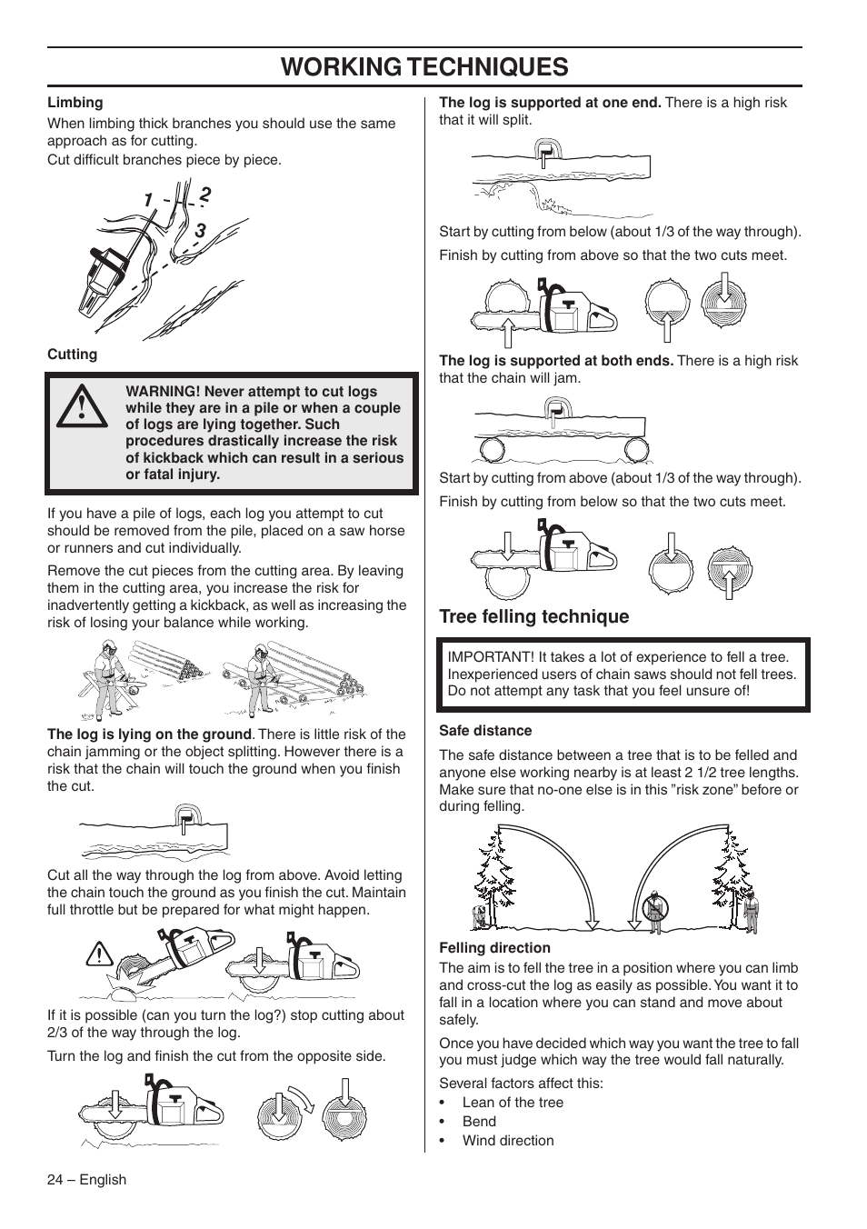 Tree felling technique, Working techniques | Husqvarna 1153176-26 User Manual | Page 24 / 44