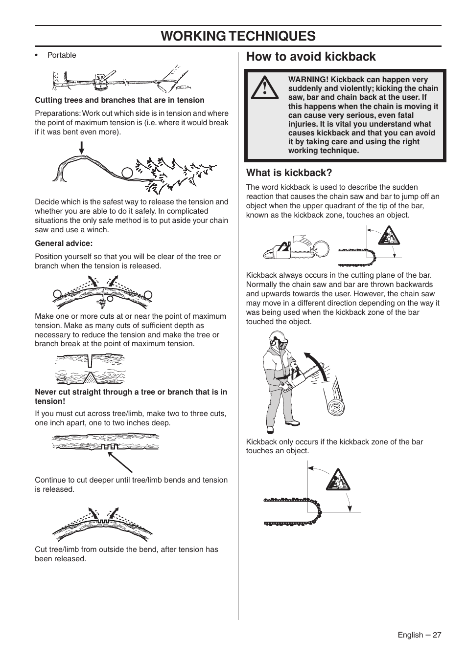 How to avoid kickback, What is kickback, Working techniques | Husqvarna 1153176-26 User Manual | Page 27 / 44