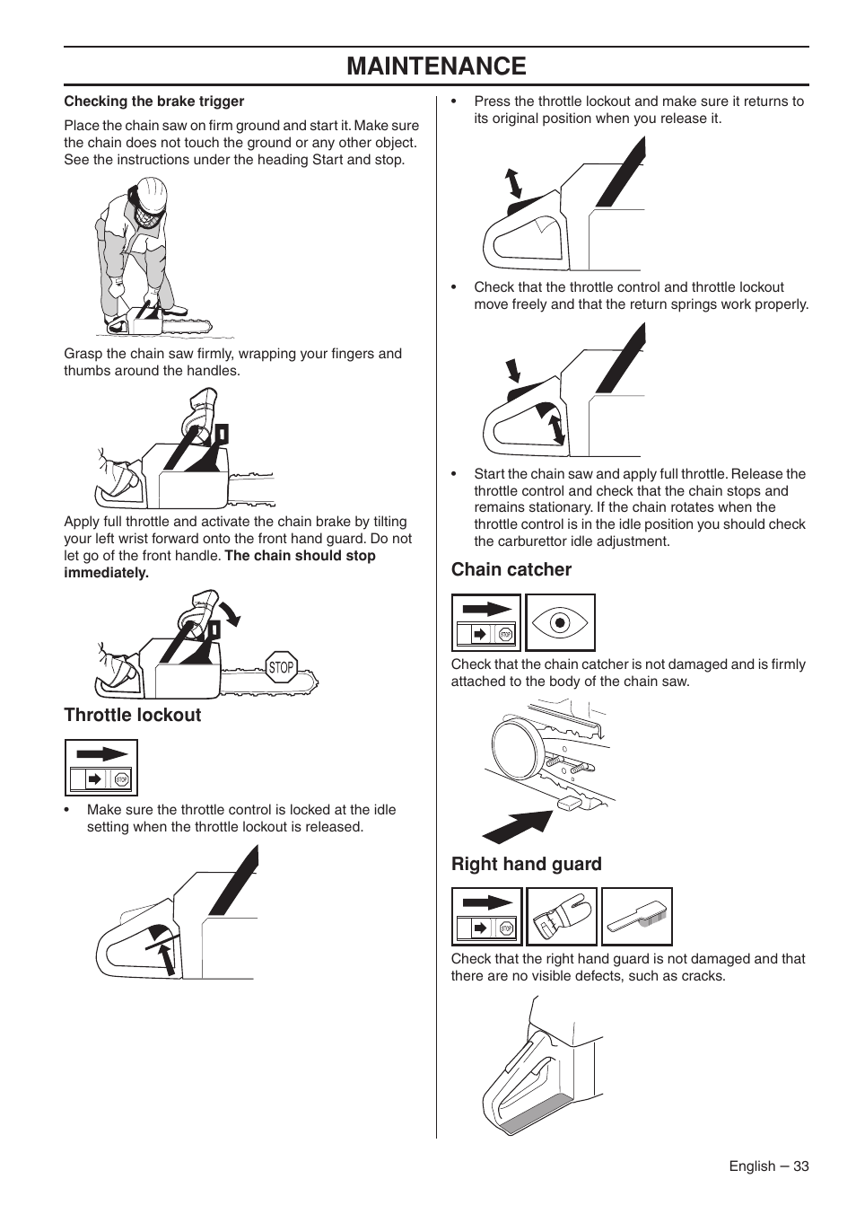 Throttle lockout, Chain catcher, Right hand guard | Maintenance | Husqvarna 1153176-26 User Manual | Page 33 / 44