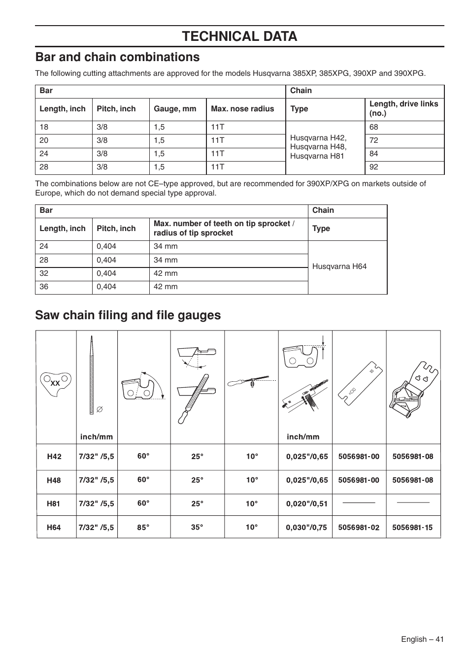 Bar and chain combinations, Saw chain filing and file gauges, Technical data | Husqvarna 1153176-26 User Manual | Page 41 / 44