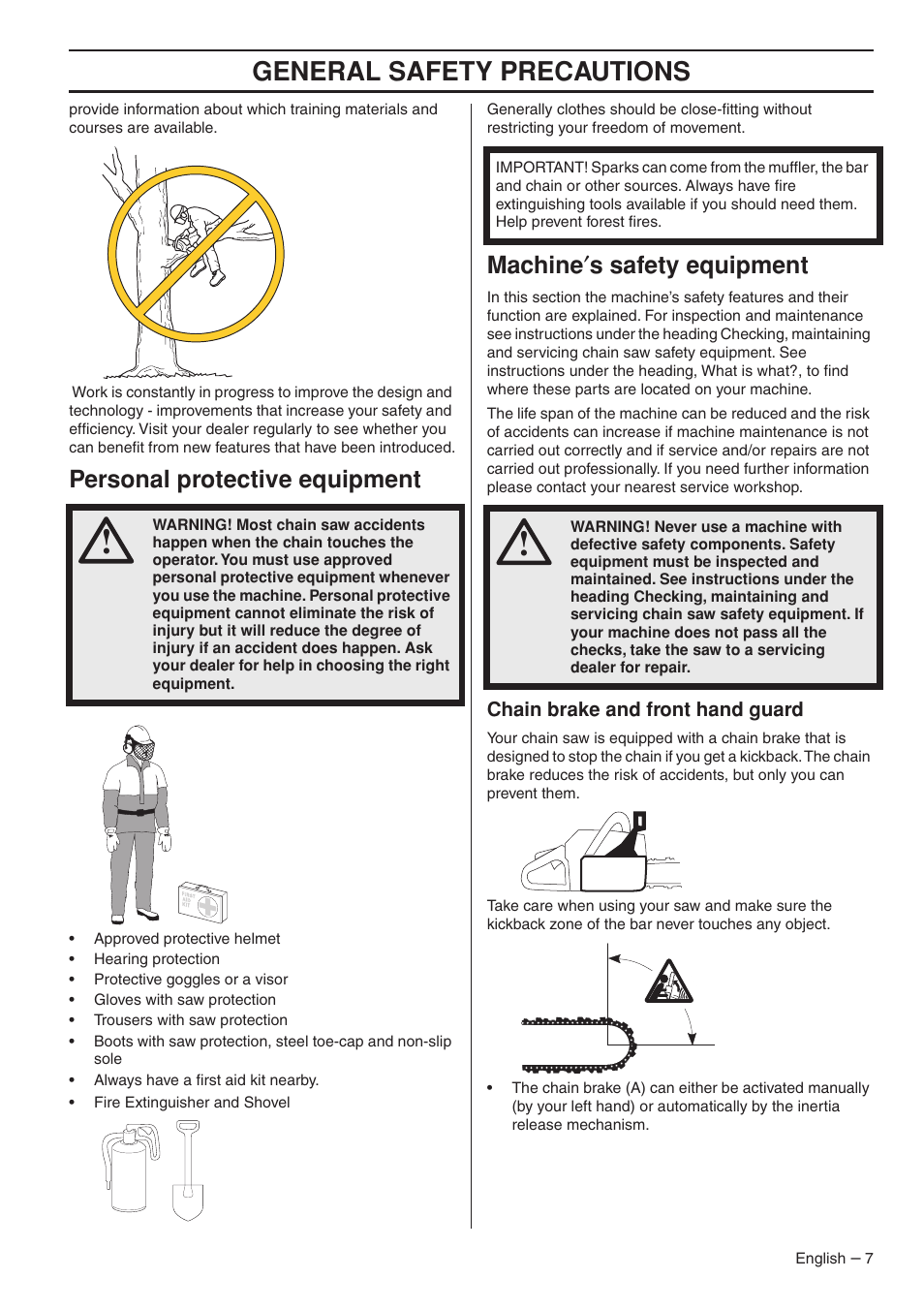 Personal protective equipment, Machine¢s safety equipment, Chain brake and front hand guard | General safety preca utions, P ersonal protective equipment, Mac hine ′ s safety equipment | Husqvarna 1153176-26 User Manual | Page 7 / 44