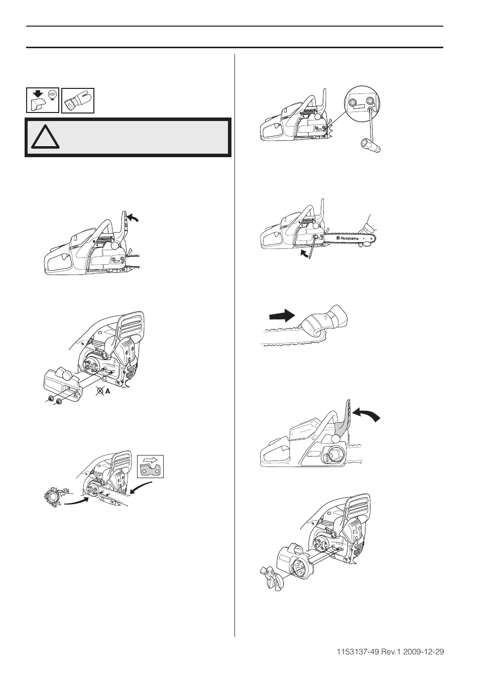 Montage du guide-chaîne et de la chaîne, 455 rancher, 460 rancher, 455e rancher | Montage | Husqvarna 460 Rancher User Manual | Page 60 / 132