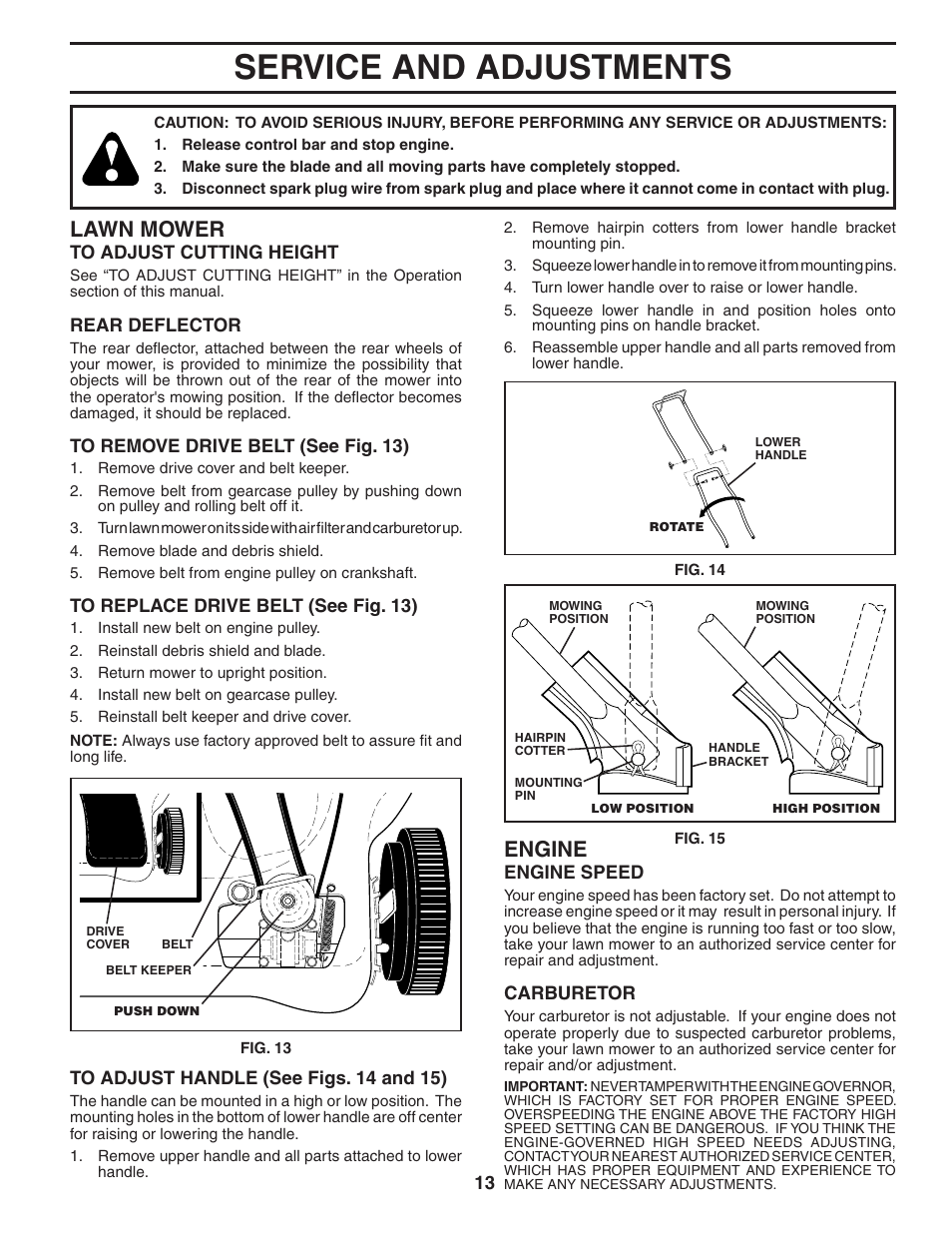 Service / adjustments, Service and adjustments, Lawn mower | Engine | Husqvarna 5521CH User Manual | Page 13 / 20