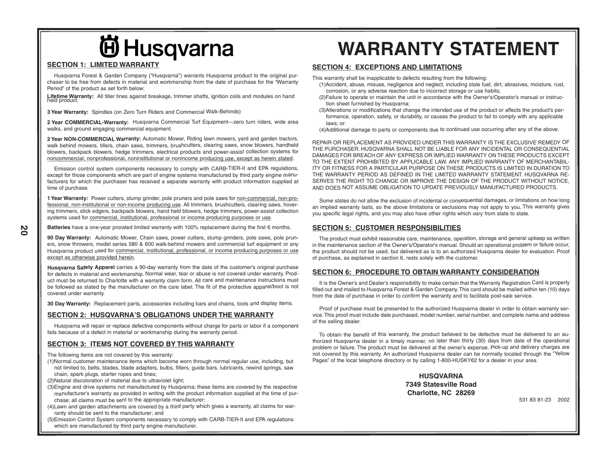 Warranty statement | Husqvarna 5521CH User Manual | Page 20 / 20