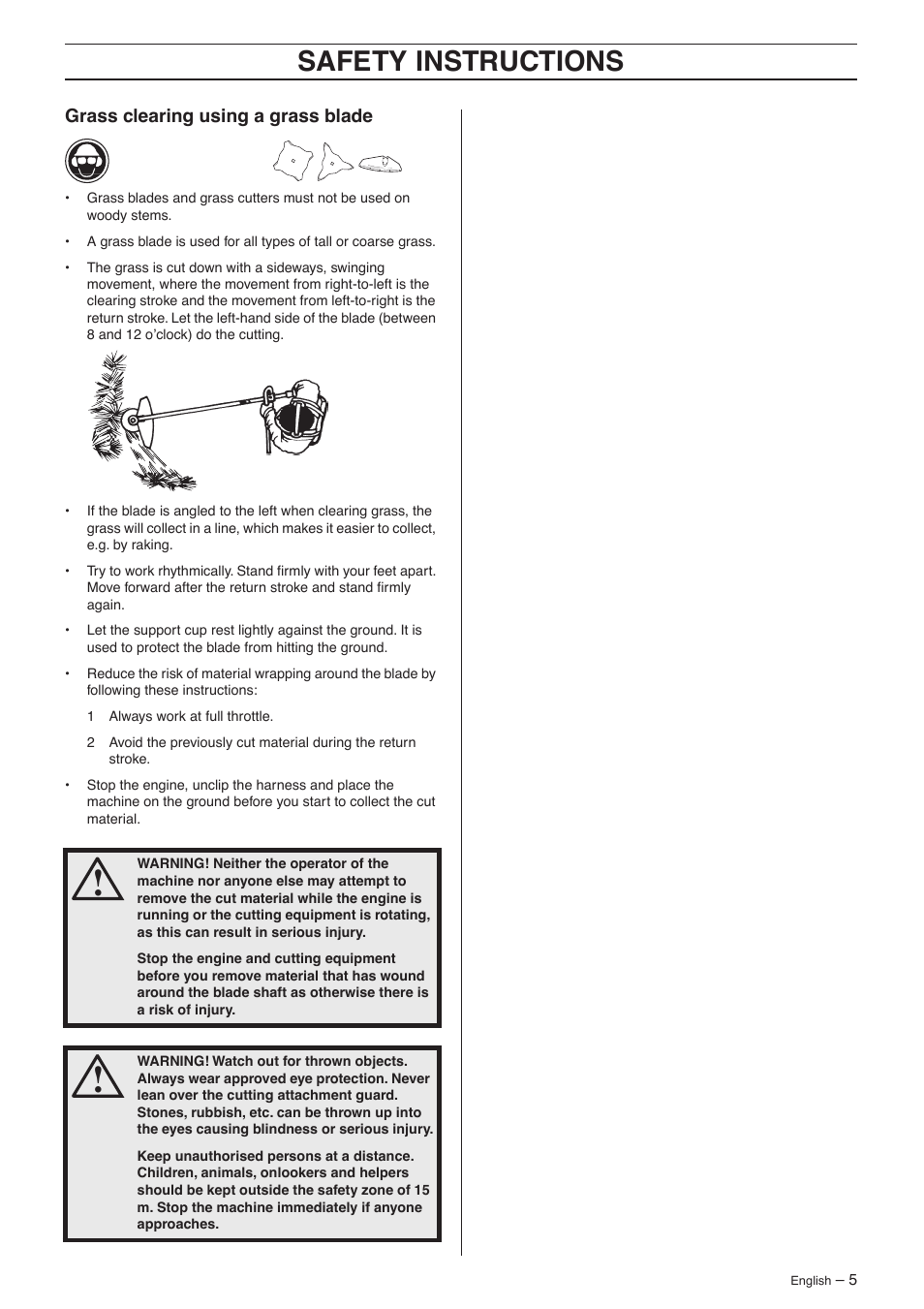 Grass clearing using a grass blade, Safety instr uctions | Husqvarna 335L User Manual | Page 5 / 10