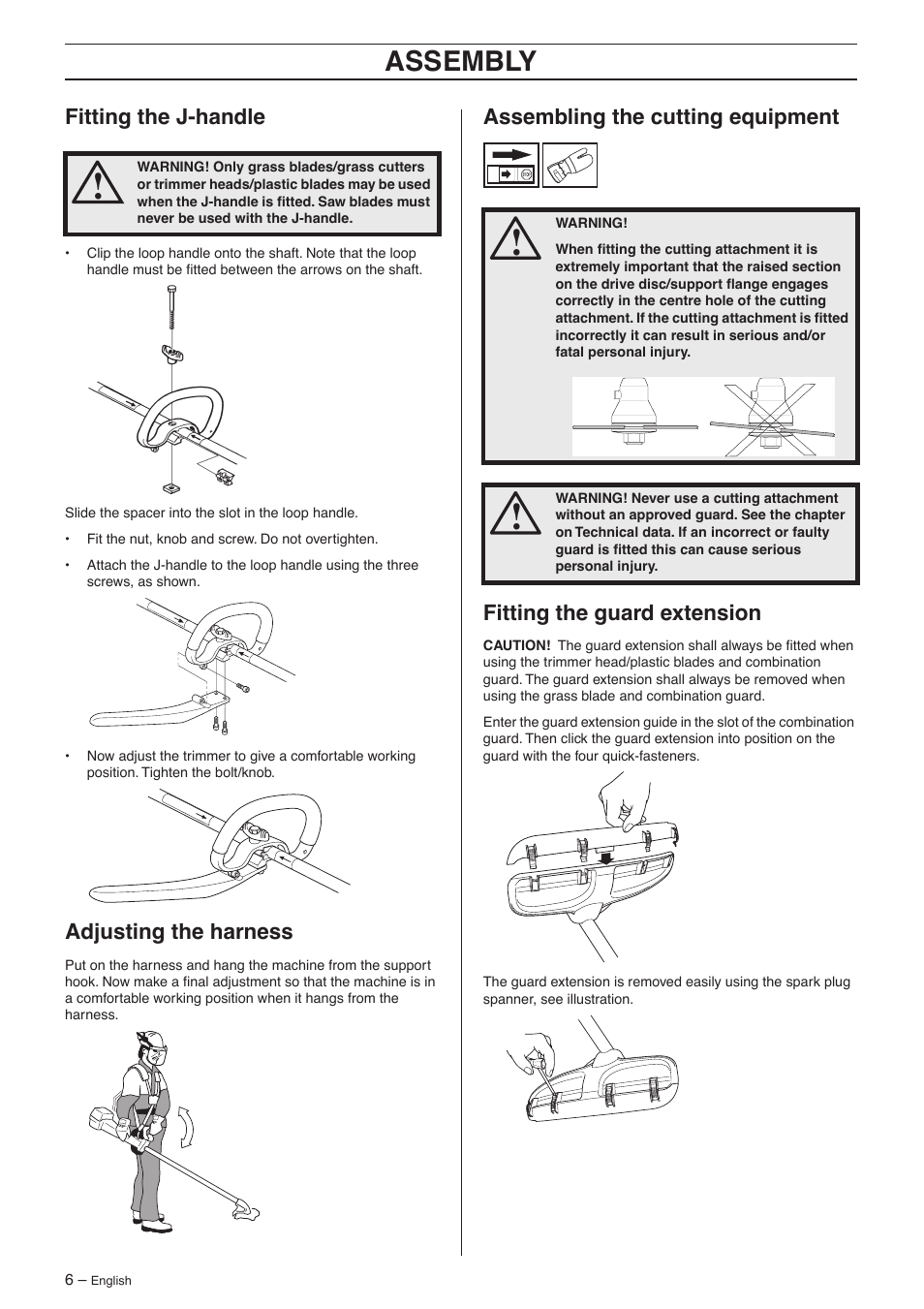 Fitting the j-handle, Adjusting the harness, Assembling the cutting equipment | Fitting the guard extension, Assembl y | Husqvarna 335L User Manual | Page 6 / 10