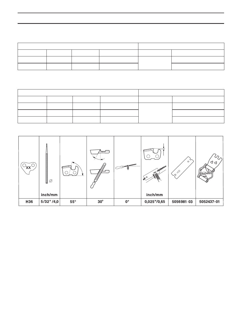 Bar and chain combinations, model 334t, Bar and chain combinations, model 338xpt, Saw chain filing and file gauges | Technical data | Husqvarna 338XPT User Manual | Page 37 / 44