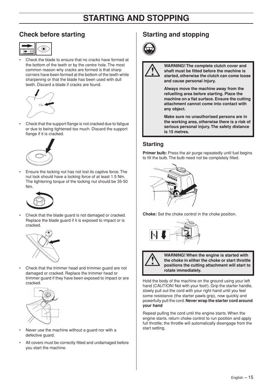 Check before starting, Starting and stopping, Starting | Husqvarna 326RJ User Manual | Page 15 / 36
