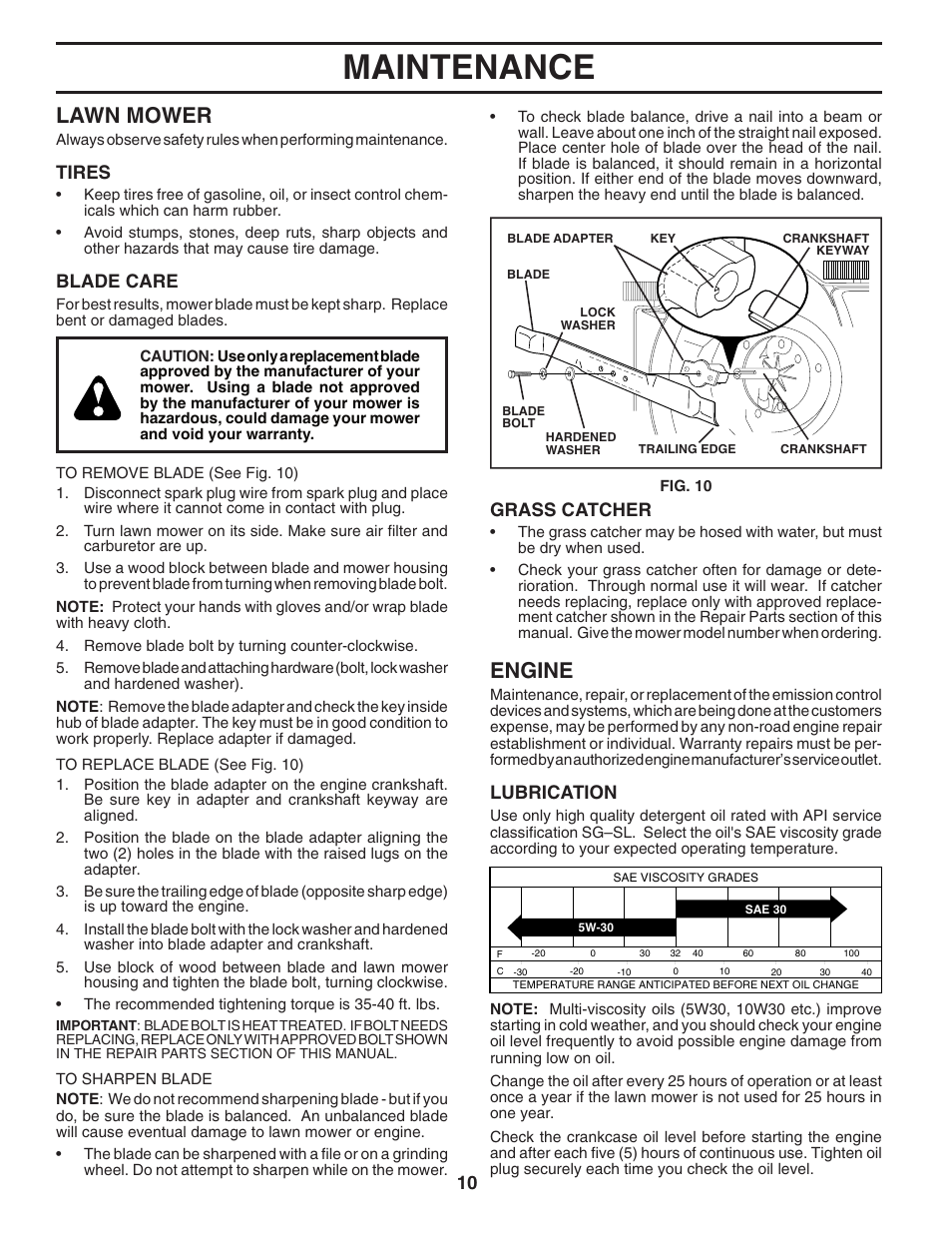 Maintenance, Lawn mower, Engine | Tires, Blade care, Grass catcher, Lubrication | Husqvarna 6521CM User Manual | Page 10 / 18