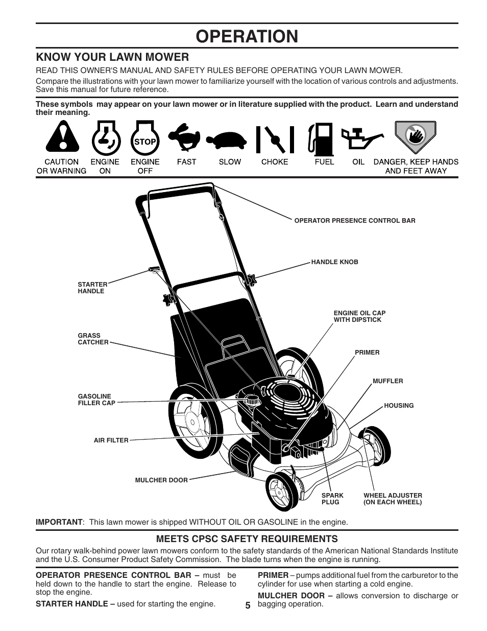Operation, Know your lawn mower | Husqvarna 6521CM User Manual | Page 5 / 18