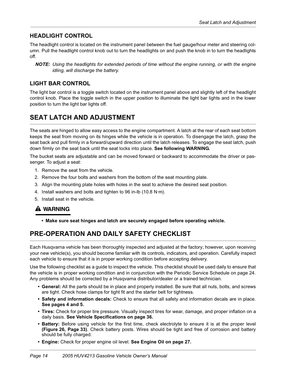 Seat latch/ adjustments, Pre-operation/ daily safety checklist, Seat latch and adjustment | Pre-operation and daily safety checklist | Husqvarna HUV4213 User Manual | Page 16 / 46