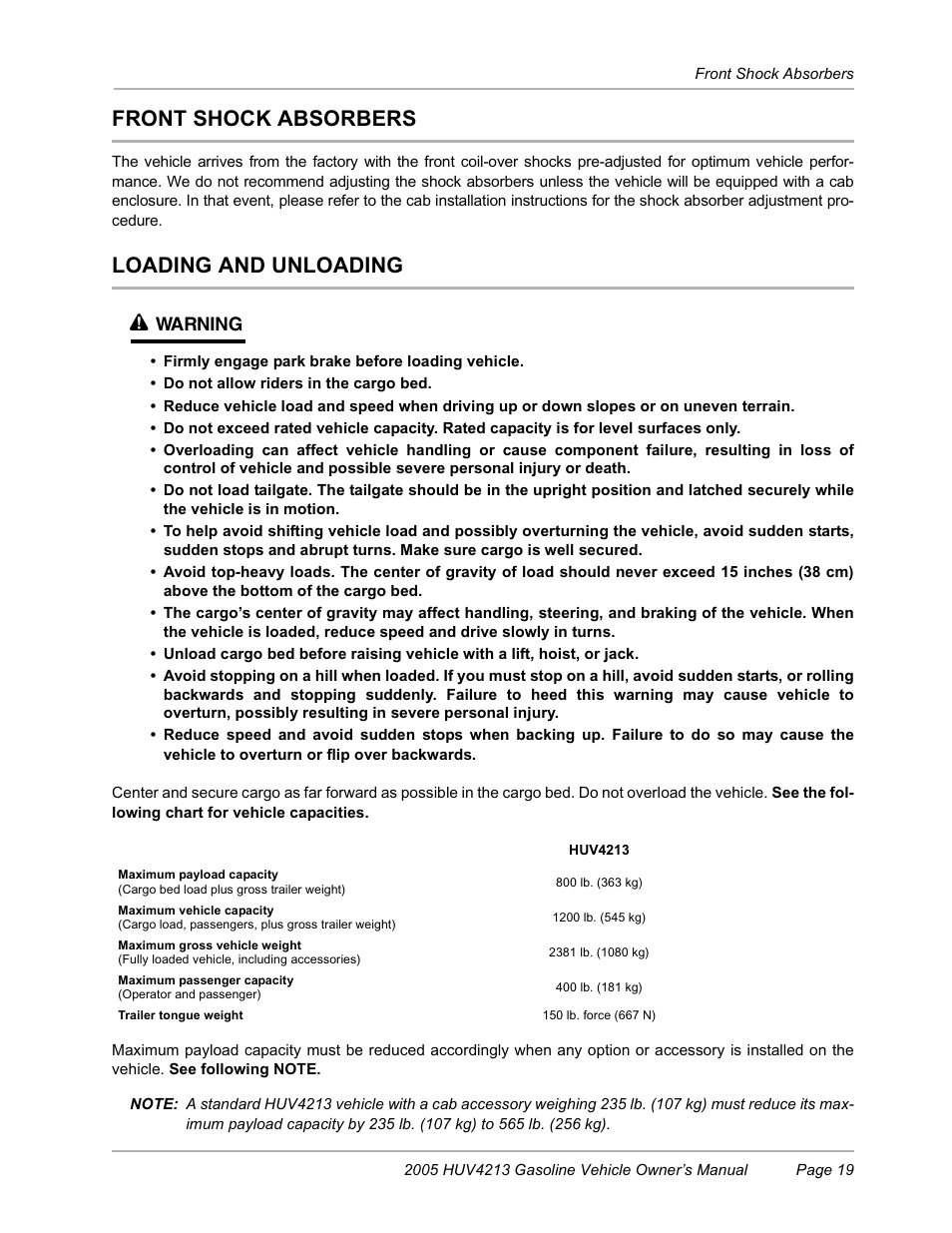 Front shock absorbers, Loading/ unloading, Loading and unloading ý | Husqvarna HUV4213 User Manual | Page 21 / 46