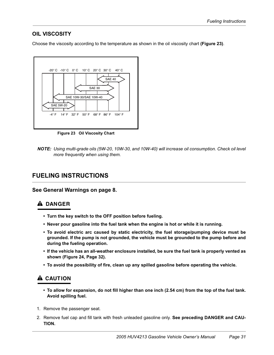 Fueling instructions, Oil viscosity, See general warnings on page 8 | Danger, Caution | Husqvarna HUV4213 User Manual | Page 33 / 46